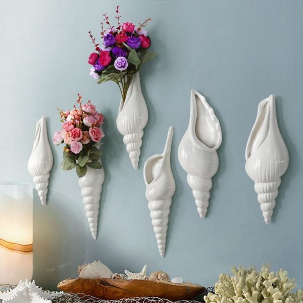 White Ceramic Sea Shell Conch Wall Vase